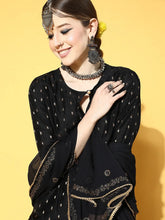 Women Black Woven Design Kurta Sharara With Dupatta